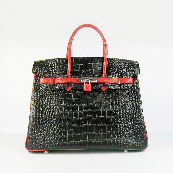 High Quality Fake Hermes Birkin 35CM Crocodile Veins Leather Bag Red/Black 6089